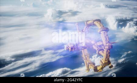 Highly detailed huge spaceship approaching to the Earth. Stock Photo