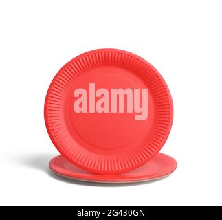 Empty red paper disposable plates on a white background, top view Stock Photo