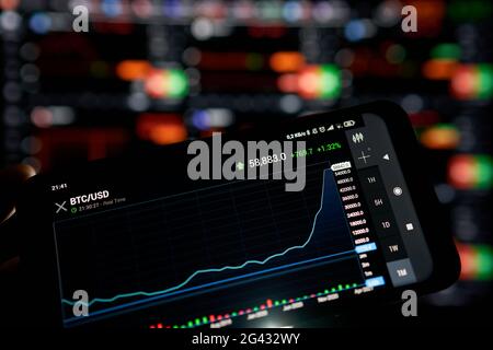 Venice, Italy - 06 April 2021: Bitcoin cryptocurrency price graph chart on phone screen, cryptocurrency future price prediction Stock Photo
