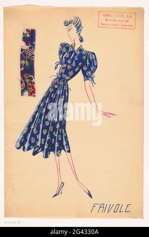 Frivole. Jap of blue silk printed with a multi-colored spreamy with flowers and small animals. Clear fitting body with split and point collar. Puffing sleeves with bow on the cuff. Bellful skirt with snares at the waist. Above a piece of fabric. At the bottom right name Frivole. At the top right stamp fashion house Jeanne Lanvin. Stock Photo