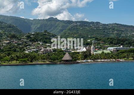 View of Papeete from the Aremiti 2 ferry that commutes between Tahiti and Moorea, Papeete, Tahiti, Windward Islands, French Polynesia, South Pacific Stock Photo