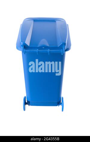 Plastic blue trash can isolated on white background Stock Photo