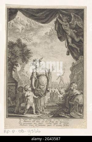 Allegorical representation with colossus of Rhodes and Atlas. A woman with a book under arm and wings to head two putti on the colossus of Rhodes in the background. On the left in the background atlas is wearing the world. At the top right is a putto with a compass at a globe. An angel reveals the scene. On the left above flies fama and sit gods on clouds. A four-line French text in the undermarge. Stock Photo