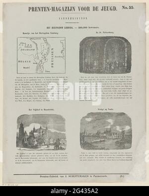 The Duchy of Limburg. 200,000 inhabitants; Print warehouse for the youth; Geography. Sheet with 4 shows about the Duchy of Limburg with a map and important places and buildings: the Sint-Pietersberg, the Vrijthof in Maastricht and Venlo. Above every show a title and under every performance a caption. Numbered at the top right: No. 55, numbered at the bottom right: (3.). Stock Photo