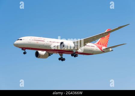 Air India Boeing 787 jet airliner plane VT-ANC landing at London Heathrow Airport, UK, in blue sky during COVID 19 pandemic easing of lockdown Stock Photo
