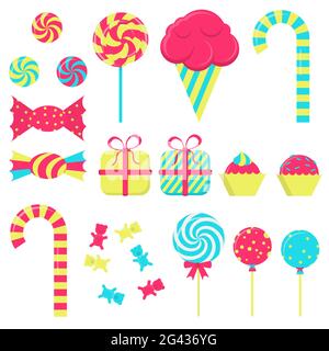 Several candies in white background. Lollipop, ice cream, stick candy, bubble gum, gift wrapping Stock Vector