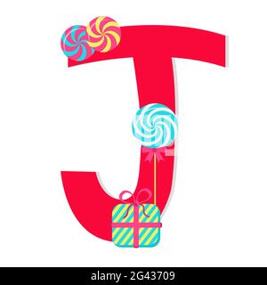 Letter 'j' from stylized alphabet with candies: lollipop, Peppermint Candy, gift. White background. Stock Vector