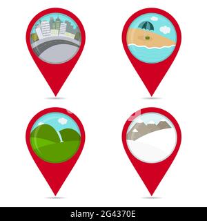 Map pin icons of lanscapes: beach, snow, city, field. Colorful. White background. Stock Vector