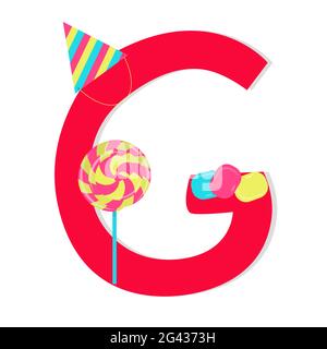Letter 'g' from stylized alphabet with candies: lollipop, tablets candy, birthday hat. White background. Stock Vector