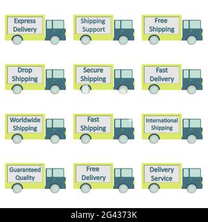 Twelve web icons about shipping and delivery in a truck shape. White Background. Stock Vector