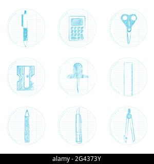 Circular icons in form of notebook with calculator, scissors, pen, drafting compass, pin, pencil sharpener, pencil, ruler, stylus Stock Vector