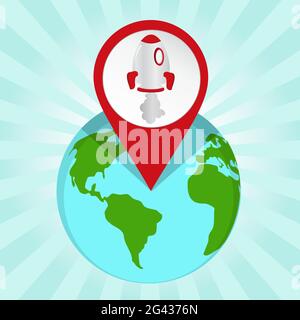 Pin illustrated with a rocket marking a point on the planet earth. Stock Vector