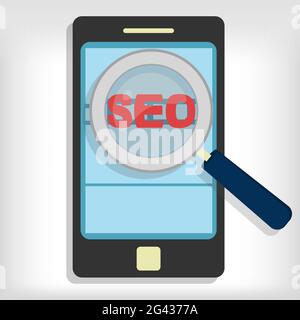 Magnifying glass focusing on the word 'seo' representing the optimization of websites in a smartphone Stock Vector