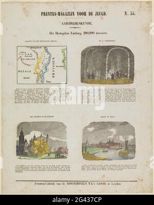 The Duchy of Limburg. 200,000 inhabitants; Print warehouse for the youth; Geography. Sheet with 4 shows about the Duchy of Limburg with a map and important places and buildings: the Sint-Pietersberg, the Vrijthof in Maastricht and Venlo. Above every show a title and under every performance a caption. Numbered at the top right: No. 55. Stock Photo