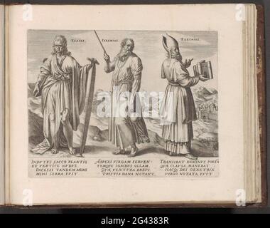 Isaiah, Jeremiah and Ezekiel; Twelve prophets; Historia Duodecim Prophetarum (...); Thesaurus Sacrarum HistoriaRu [M] Veteris Testame [N] Ti, Elega [N] Tissimis Imaginibus Expressu [M] Excelle [N] Tissimoru [M] in Hac Arte Viroru [M] Opera: now [N] C Primu [M] Luce [M] Editus. The prophets Isaiah, Jeremiah and Ezekiel are located next to each other in a landscape. Isaiah holds a book under arm and holds a saw in his hand, Jeremiah loves a staff and jug in the hands, Ezekiel keeps the temple in his hand, which he saw in a vision. Under the show explanations in Latin. Print is part of an album. Stock Photo