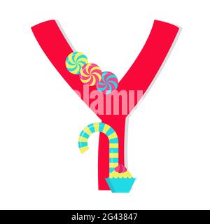 Letter 'y' from stylized alphabet with candies: stick candy, Peppermint Candy, sweets. White background. Stock Vector