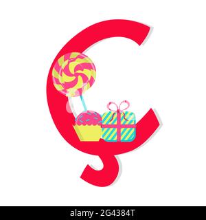 Letter 'cedilla' from stylized alphabet with candies: lollipop, sweet gift, brigadeiro . White background. Stock Vector