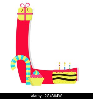 Letter 'L' from stylized alphabet with candies: gift, birthday cake, candy stick. White background. Stock Vector