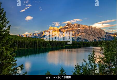 Landscape with mountains and Two Jack Lake, Banff National Park, Alberta, Canada Stock Photo