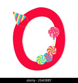 Letter 'o' from stylized alphabet with candies: lollipop, Peppermint Candy, birthday hat. White background. Stock Vector