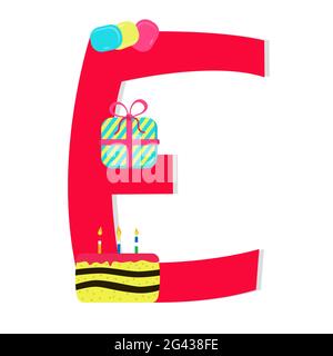 Letter 'e' from stylized alphabet with candies: tablets candy, gift, bithday cake. White background. Stock Vector