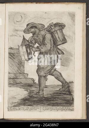 Seller of baked apples and pears at moonlight; Street vendors in Bologna; L'ARTI PER VIA. Man with a bucket on his back and a lantern in hand walking in a night landscape. Above a sickle-shaped moon. Italian verse in undermarge. The print is part of an album. Stock Photo