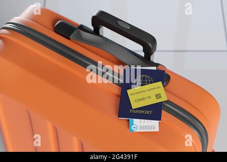 Passport and covid 19 vaccination certificate on a suitcase. 3d illustration. Stock Photo
