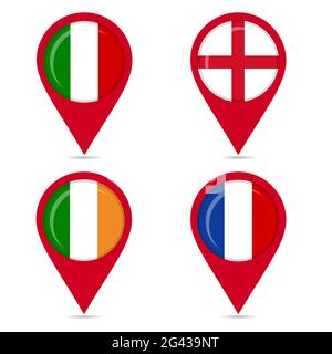 Map pin icons of national flags: Italy, England, France, Ireland. White background. Stock Vector