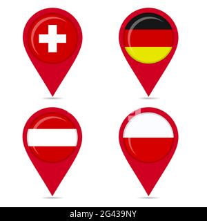 Map pin icons of national flags: Switzerland, Germany, Poland, Austria. White background. Stock Vector