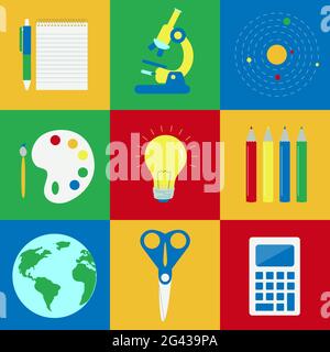 Nine colorful objects related to education: notebook, microscope, atoms, painting, idea, colored pencils, globe, scissors, calculator Stock Vector
