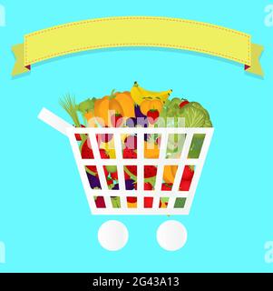 Shopping cart full of fruits and vegetables. Colorful. Blank ribbon for insert text. Stock Vector