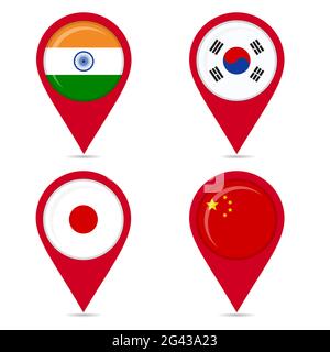 Map pin icons of national flags: india, south korea, japan, china. White background. Stock Vector