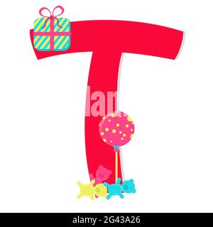 Letter 't' from stylized alphabet with candies: lollipop, gelatin teddy, gift. White background. Stock Vector