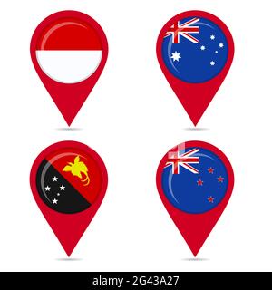 Map pin icons of national flags: Papua New Guinea, Australia, New Zealand, Indonesia. White background. Stock Vector