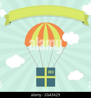 Package hanging from a parachute in the sky representing delivery, freight, shipping.  Blank ribbon for insert text. Stock Vector