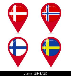 Map pin icons of national flags: Norway, Denmark, Finland, Sweden. White background. Stock Vector