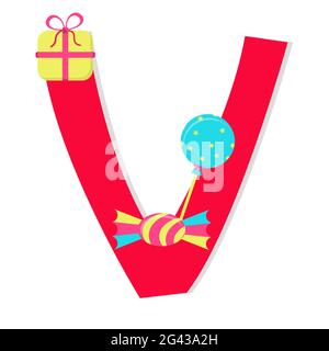 Letter 'v' from stylized alphabet with candies: lollipop, gift, Candy wrapped. White background. Stock Vector