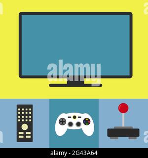 Tv monitor, remote control, console and joystick. Stock Vector