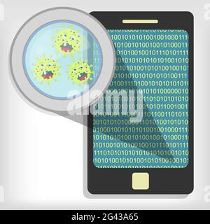 Magnifying glass showing germs on smartphone Stock Vector