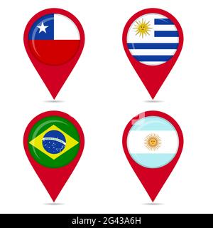 Map pin icons of national flags: Uruguay, Chile, Brazil, Argentine. White background. Stock Vector