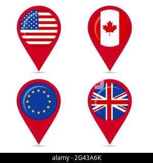 Map pin icons of national flags: united states, canada, europe, european union, united kingdom. White background. Stock Vector