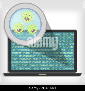 Magnifying glass showing germs on laptop Stock Vector