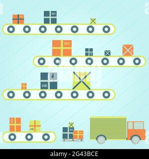 Packages on a conveyor. Truck delivery. Stock Vector