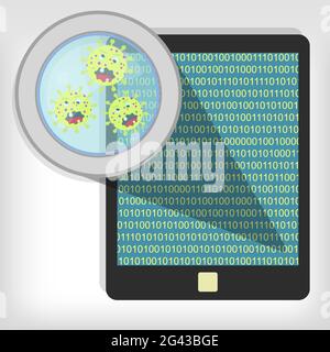 Magnifying glass showing germs on tablet Stock Vector