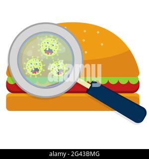 Magnifying glass showing germs on hamburguer. White background. Stock Vector