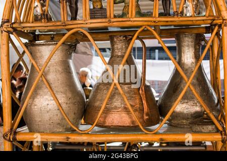 Very old style metal ewer water jar Stock Photo