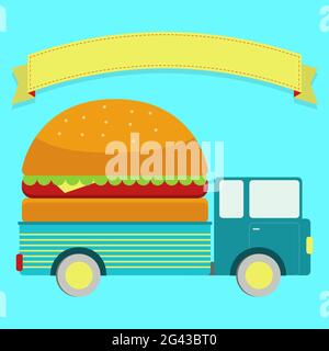 Truck with a giant sandwich in body. Blank ribbon for insert text. Stock Vector