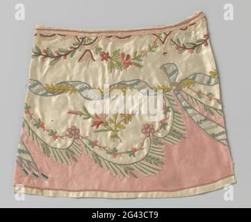 Fragment silk fabric with multicolored embroidery .. Fragment silk tissue with embroidery. The tissue has a pink soil on which a white scalloped band with branches and brushes along the edge. Flower garlands and ribbons with snares are embroidered on the white tape. Stock Photo