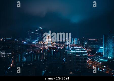 Top View to Moscow City and Hotel Ukraine from New Arbat, Russia. Stock Photo