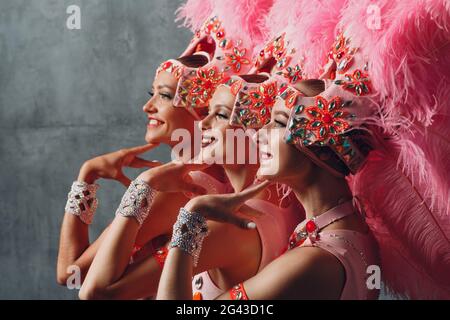 Three Women profile portrait in samba or lambada costume with pink feathers plumage Stock Photo